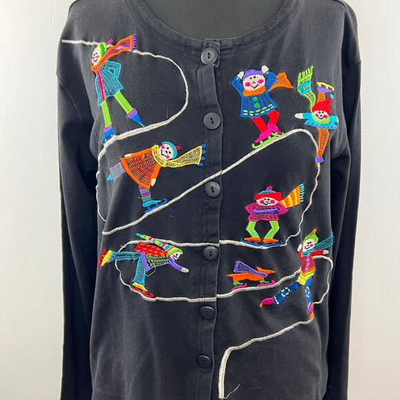 VINTAGE Christina Rotelli Black Cotton Embroidered Ice Skating Button Down Top - Picture 2 of 10
